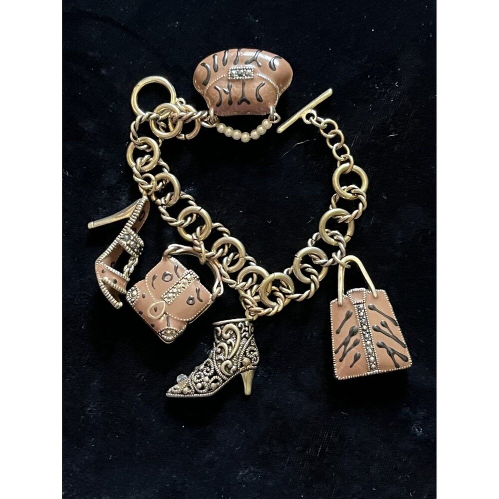 Vintage Enamel Purse Shoe Charm Toggle Bracelet Gold Tone